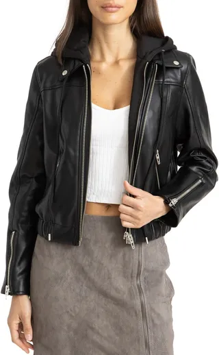 Faux Leather Bomber Jacket with Removable Hood