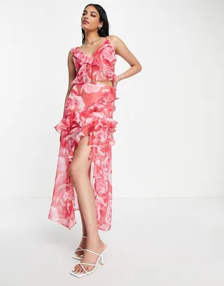 ASOS DESIGN soft cut about ruffle midi skirt with high slit in pink floral - part of a set