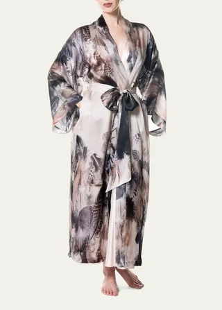 Sanctuary Long Feather-Print Silk Robe