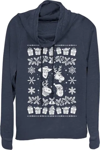 Junior's Toy Story Ugly Christmas Toys Cowl Neck Sweatshirt - Navy Blue - X Small