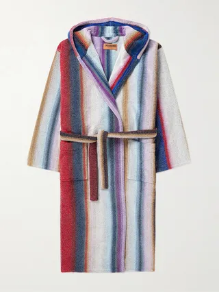 Striped Metallic Cotton-Blend Terry Hooded Robe