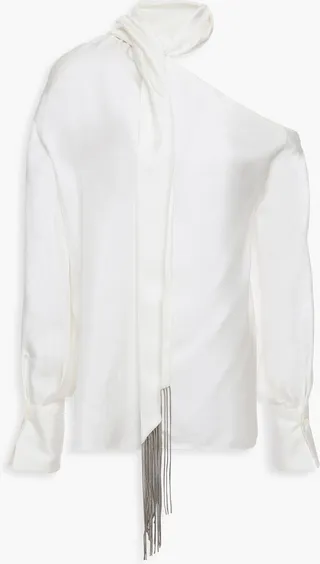 One-sleeve tie-neck fringed silk-twill top