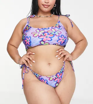 COLLUSION Plus daisy print ring detail bikini bottom in lilac