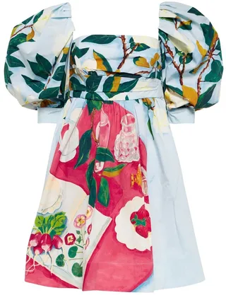 Tablescape puff-sleeve cotton poplin minidress