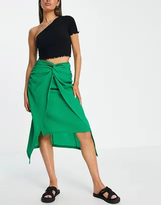 Stradivarius knot front midi skirt in green