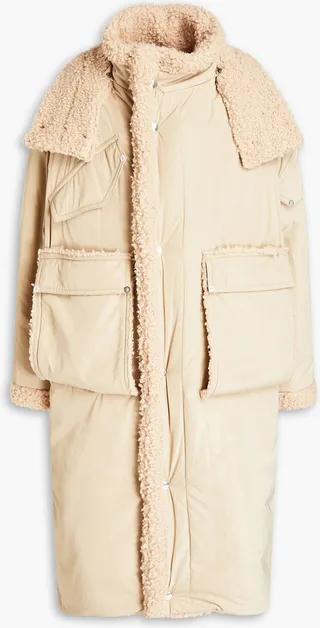 Oversized faux shearling-trimmed shell hooded coat