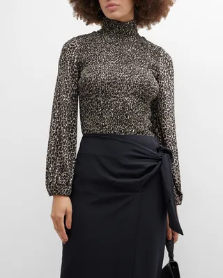 Smocked Leopard-Print Turtleneck Top