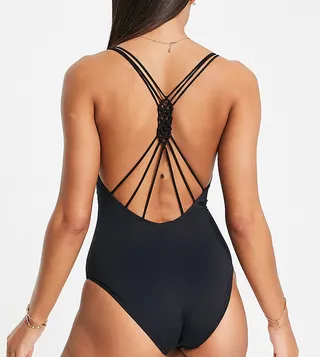 Accessorize multi strap back detail swimsuit in black