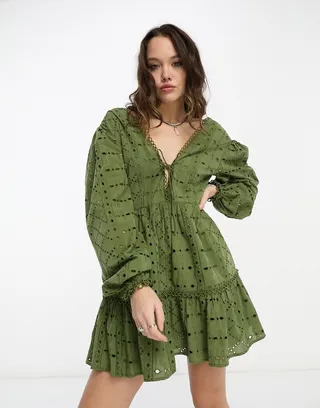 Reclaimed Vintage mini eyelet dress with tie front in khaki