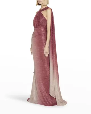 Twist Degrade Metallic Voile Cape Gown
