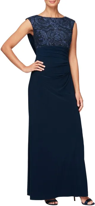 Sequin Floral Bodice Cowl Back Gown