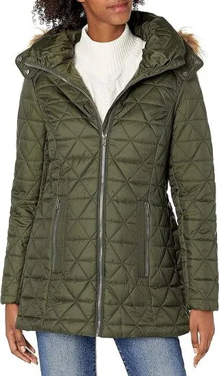 Marc New York by Andrew Marc Womens Chevron Quilted Down Jacket with Removable Faux Fur Hood (Olive) Women's Coat
