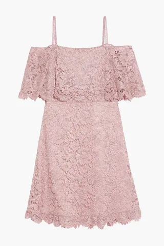 Cold-shoulder ruffled metallic corded lace mini dress