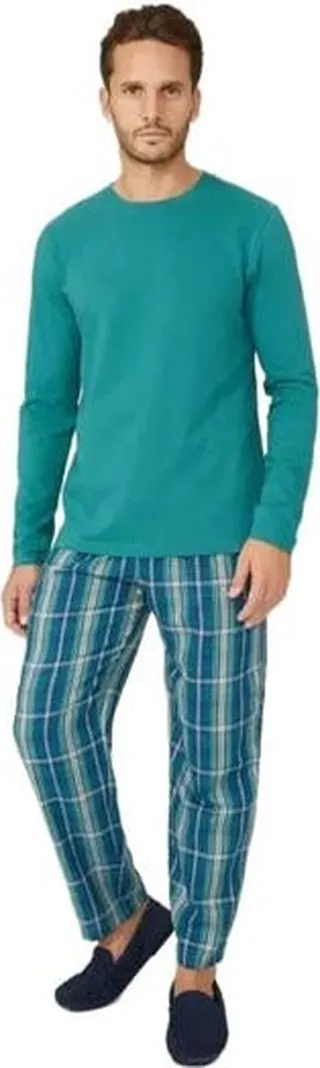 Debenhams Mens Checked Crew Neck Long Pyjama Set - Green