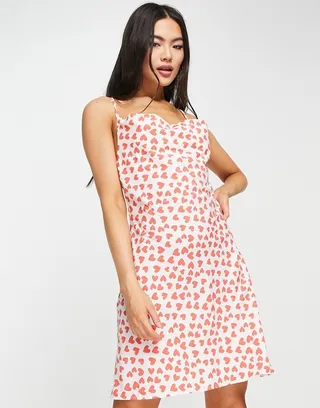 QED London satin cowl front mini dress with cross strap back in heart print