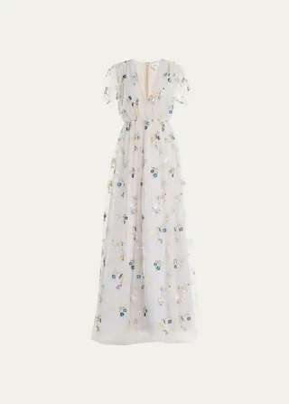 Floral-Embroidered Pleated Gown