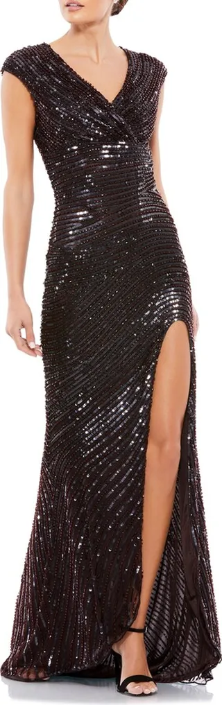 Sequin Embellished Cap Sleeve Trumpet Gown