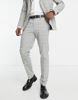 Topman skinny suit pants in gray and lime check