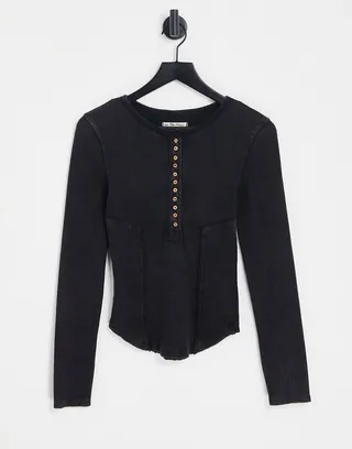 Free People Mareera henley long sleeve top in acid black
