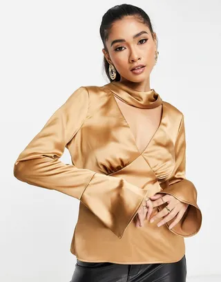 ASOS DESIGN satin long sleeve blouse with neck detail