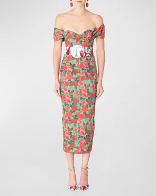 Rosette-Print Draped Off-The-Shoulder Midi Dress