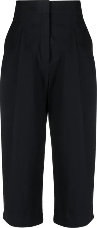 Pleated Cropped Wide-Leg Cotton Trousers