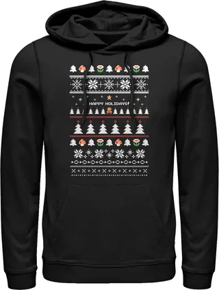 Men's Nintendo Ugly Mario Holiday Sweater Pull Over Hoodie - Black - X Large