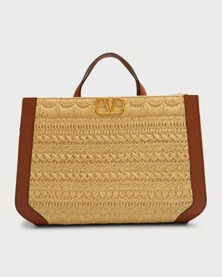 VLOGO Signature Raffia & Calfskin Tote Bag