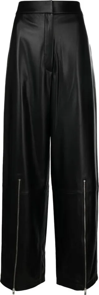 Black Wide-Leg Leather Zipper Trousers