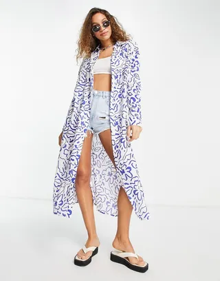 Topshop sketch print maxi beach shirt in multi