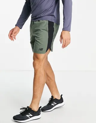 New Balance Tenacity training 7 inch logo shorts in khaki