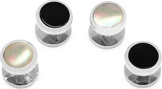 2-Piece Double-Sided Onyx & Mother Of Pearl Round Beveled Stud Set