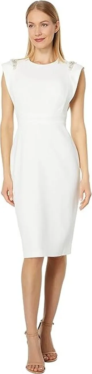 Vince Camuto Signature Stretch Crepe Extended Cap Sleeve Bodycon with Beaded Patch (Ivory) Women's Clothing