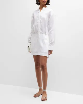 Menton Band-Collar Button-Front Linen Mini Dress