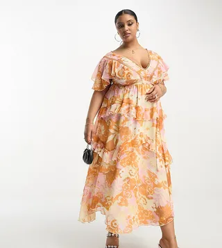 ASOS DESIGN Curve tiered midi dress with lace insert and open back in summer floral print