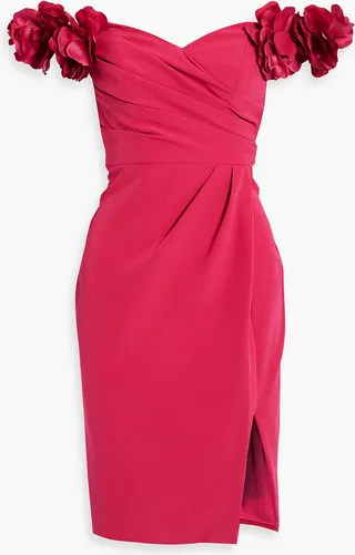 Off-the-shoulder appliquéd pleated crepe dress