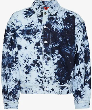 Mens Denim Bleached-pattern Brand-plaque Relaxed-fit tretch-denim Jacket