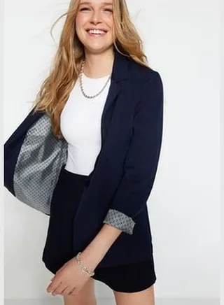 Navy Blue Regular Woven Blazer Jacket with Lining Detail TWOAW20CE0316