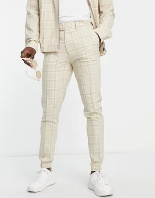 ASOS DESIGN smart skinny crepe check pants with sweatpants cuff in ecru - part of a set