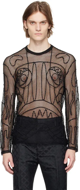 Charles Jeffrey Loverboy SSENSE Exclusive Black Graphic Net Long Sleeve T-Shirt