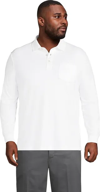 Lands' End Men's Big Long Sleeve Super Soft Supima Polo Shirt with Pocket - 3X Big - White