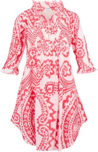 At Last... - Annabel Cotton Tunic In Coral & White Ikat