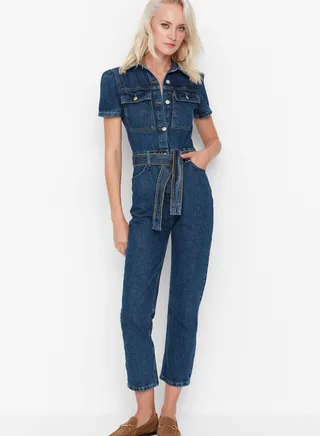 Button Down Denim Jumpsuit