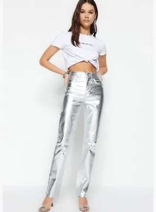 Silver Shiny Metallic Print High Waist Straight Jeans TWOSS23JE00243