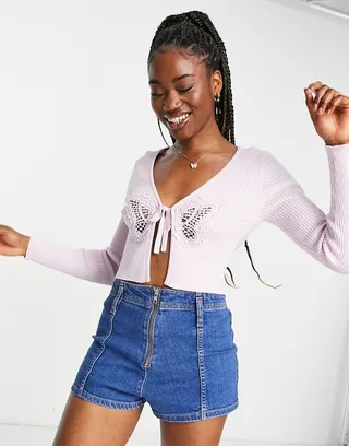 Miss Selfridge tie front cardi with butterfly trim in lilac