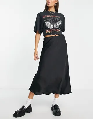 Pieces satin slip midi skirt in black