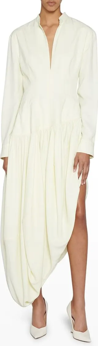 Asymmetric Thigh-Slit Fit-&-Flare Midi Shirtdress