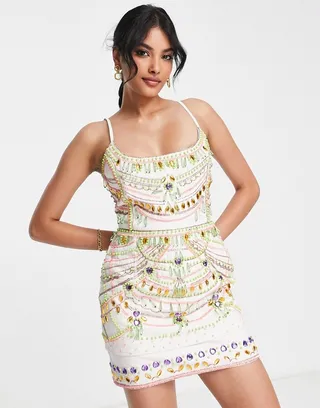 ASOS DESIGN embellished mini dress with gem detail in ivory