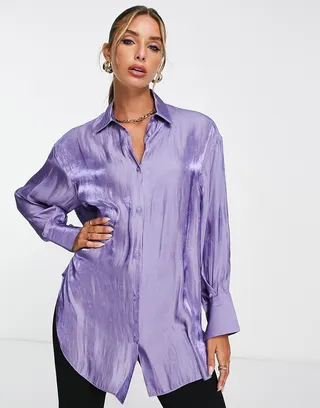ASOS DESIGN oversized metallic shirt with volume sleeve and deep cuff in purple