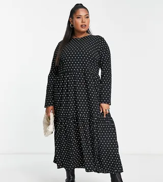 ASOS DESIGN Curve long sleeve tiered smock midi dress in black base beige spot